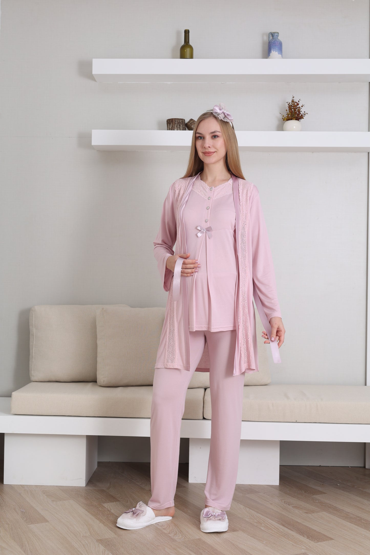V Yaka Sabahlıklı Lohusa Pijama Takımı - 3435