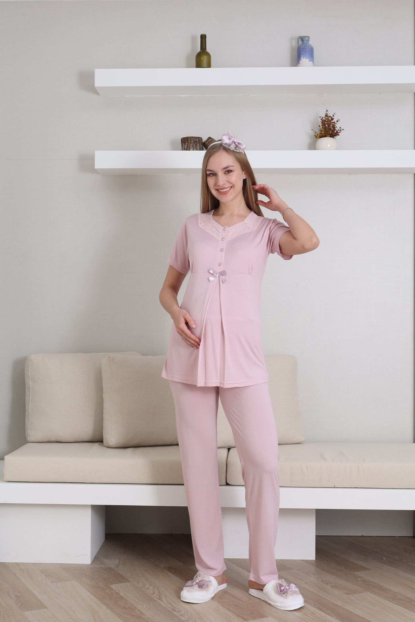 V Yaka Sabahlıklı Lohusa Pijama Takımı - 3435