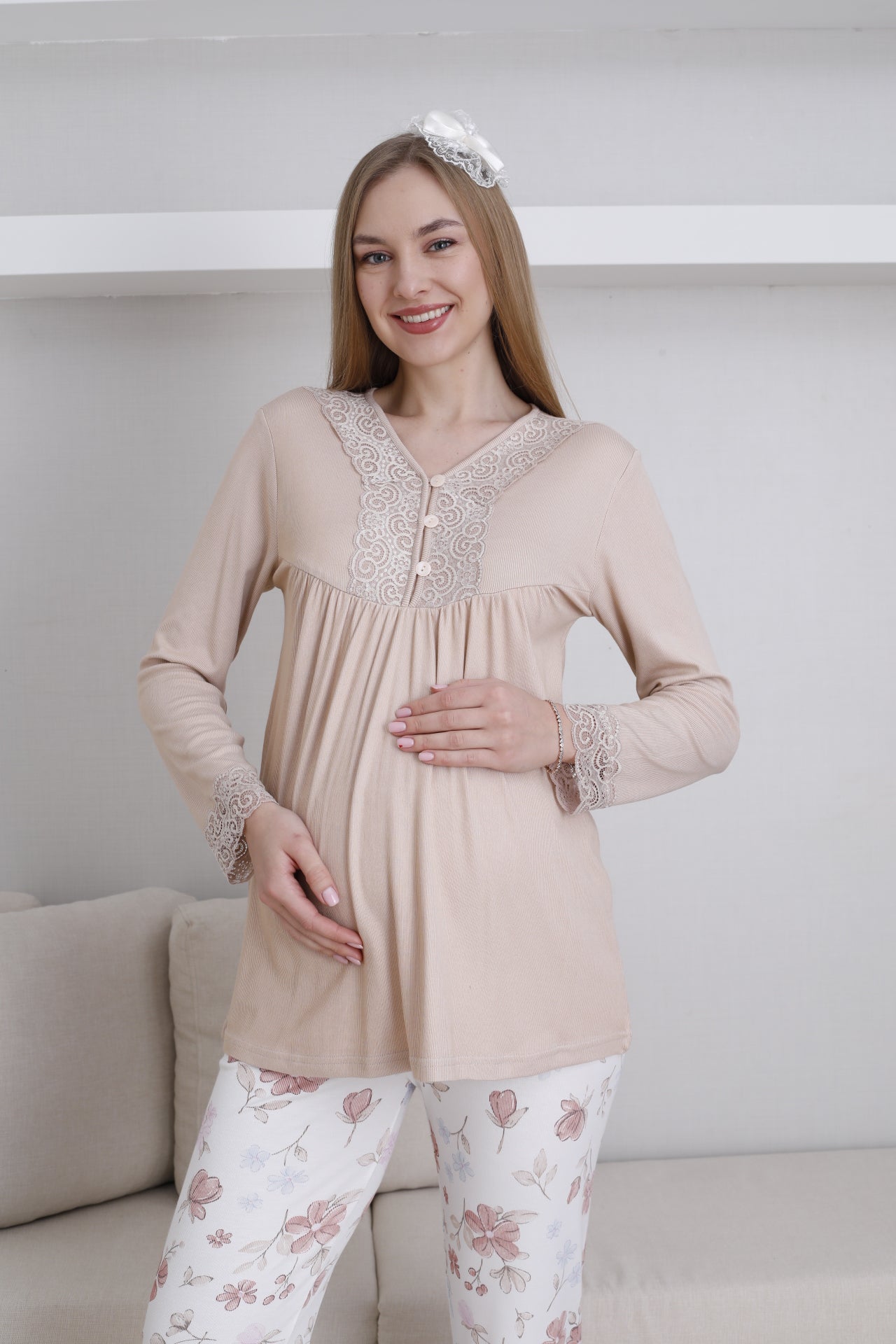 Dantel Detay Önden Düğmeli Lohusa Hamile Pijama Takımı - 1173