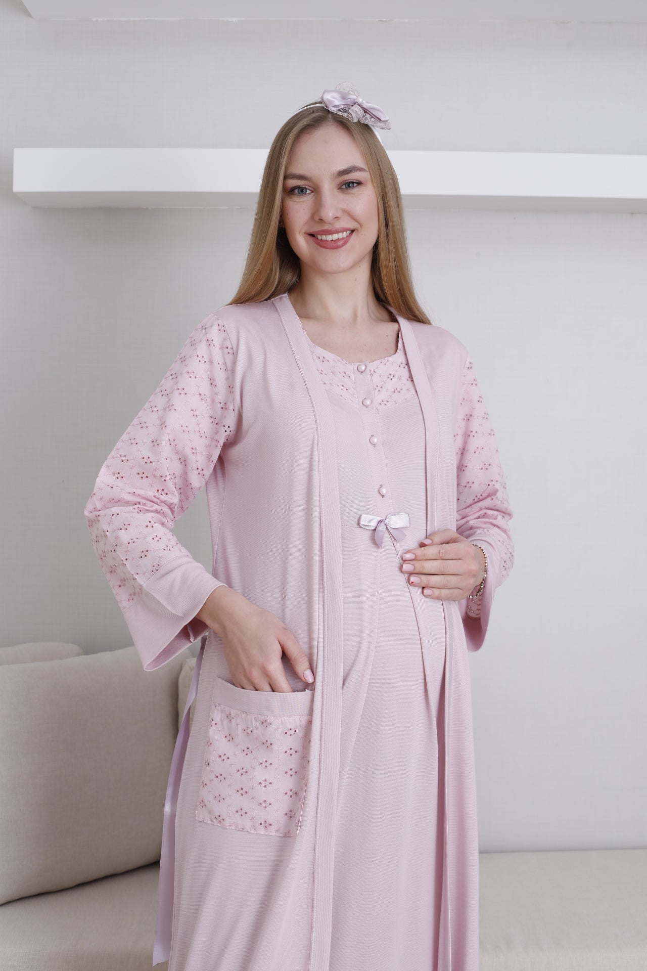 Fistolu Sabahlıklı Lohusa Hamile Gecelik Takımı - 2297