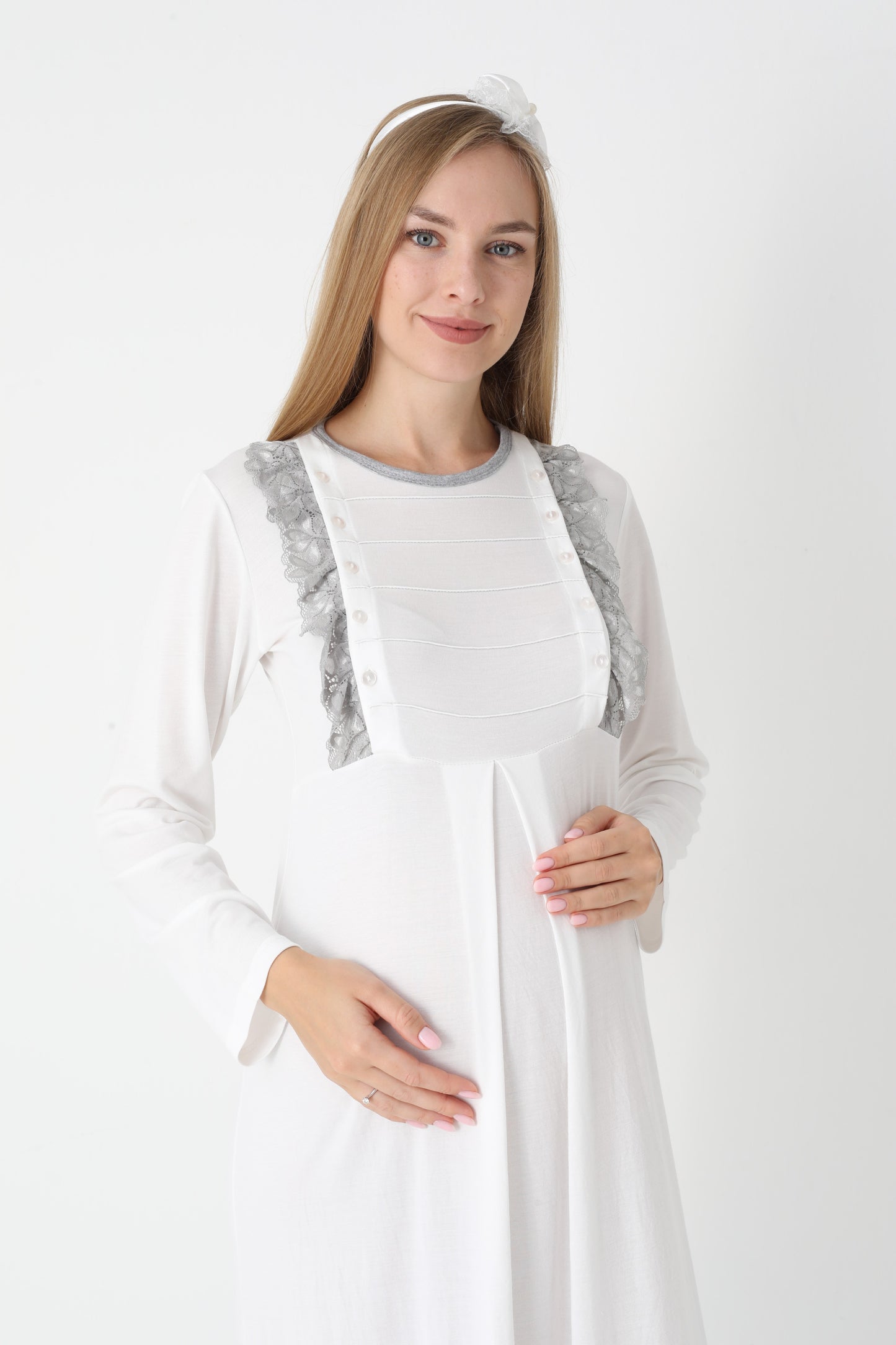 Hamile Lohusa Gecelik & Sabahlık 2’li Set – Puantiyeli Pamuklu Kumaş, Çift Taraflı Düğmeli Emzirme - 2308