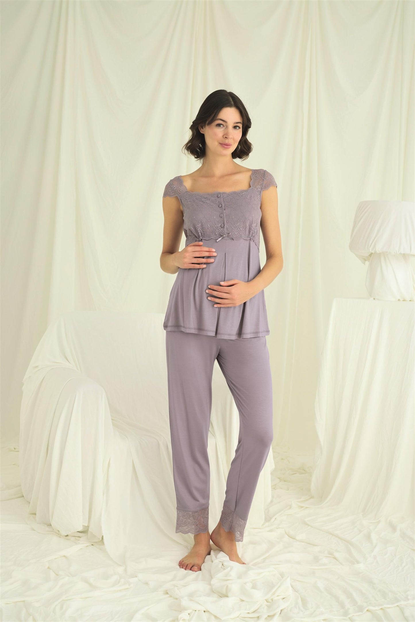 Önden Düğmeli Dantel Detay Sabahlıklı Lohusa Hamile Pijama Takımı - 18669