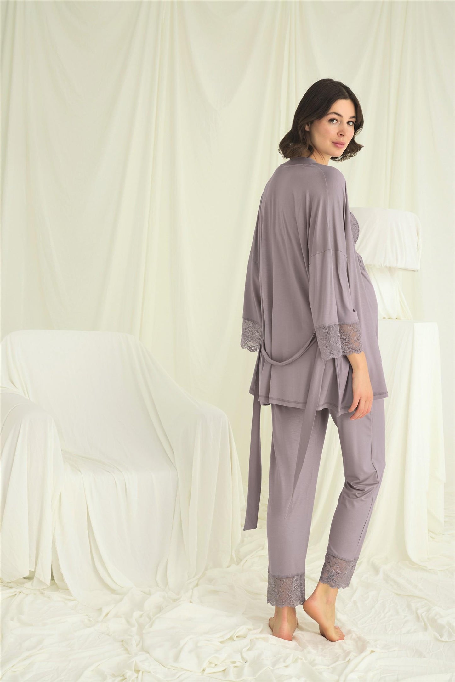 Askılı Dantelli Emzirme Özellikli Sabahlıklı Lohusa Pijama Takımı - 18671