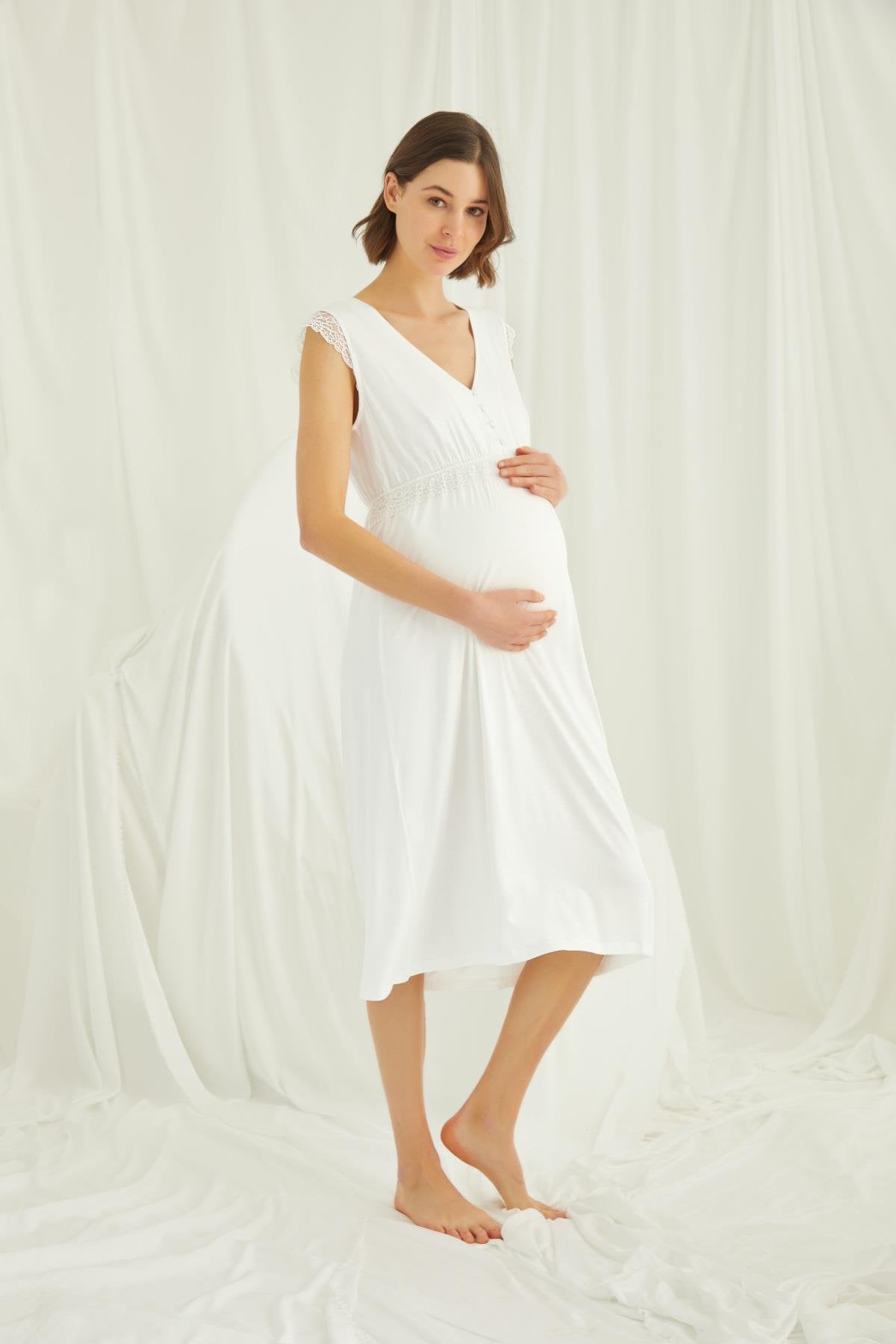 Önden Düğmeli Dantelli Lohusa Hamile Gecelik 18450