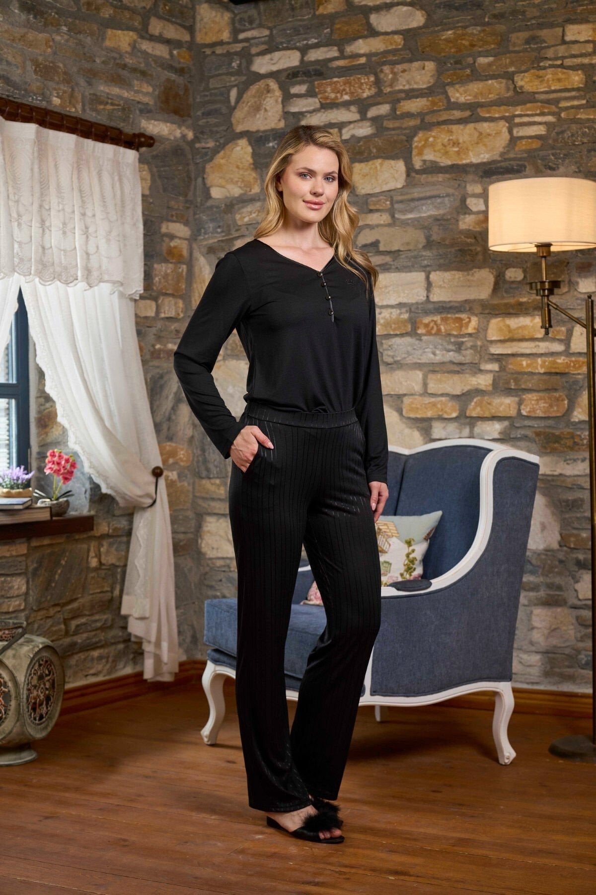 Uzun Kollu Önden Düğmeli Lohusa Hamile Pijama Takımı 26275