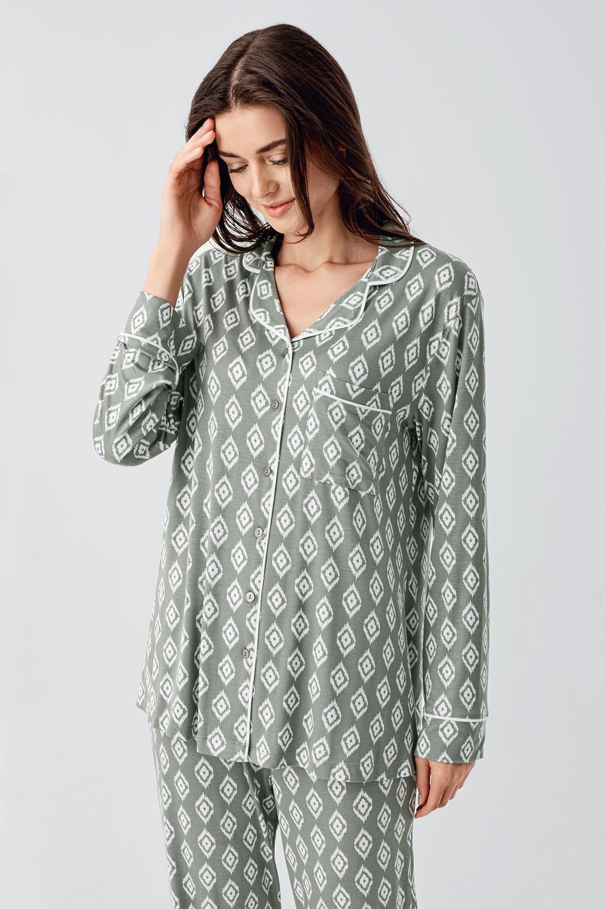 Düğmeli Gömlek Yaka Desenli Lohusa Hamile Pijama Takımı Yeşil - 22101
