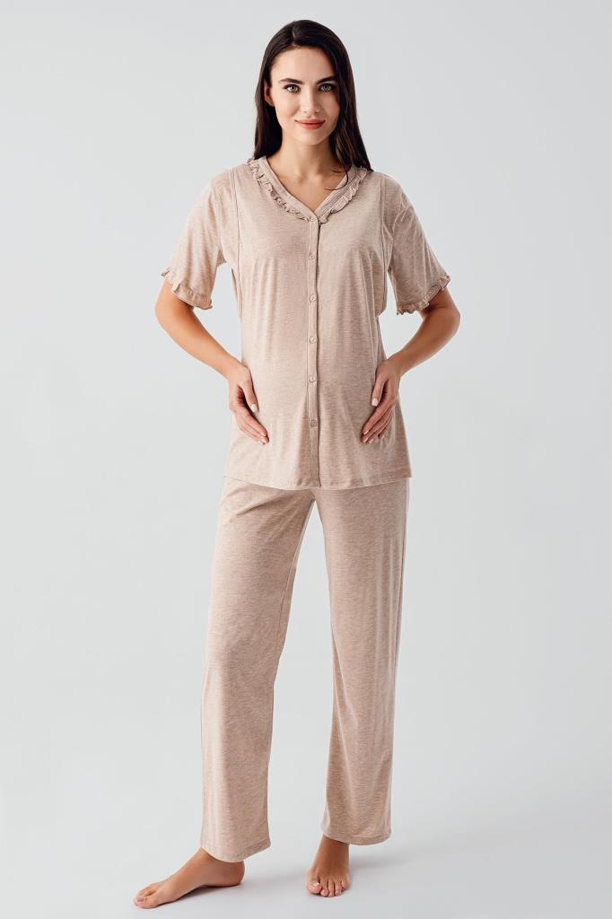 Kısa Kollu Düğmeli Gizli Emzirme Özellikli Lohusa Hamile Pijama Takımı - 17200 -1
