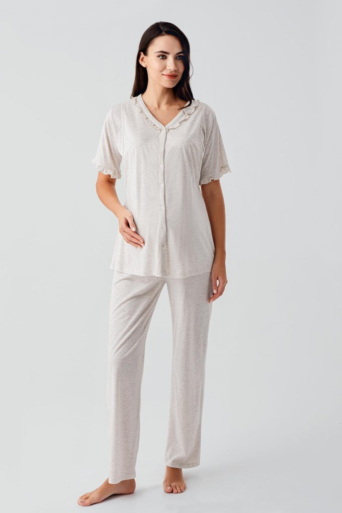 Kısa Kollu Düğmeli Gizli Emzirme Özellikli Lohusa Hamile Pijama Takımı - 17200 -1