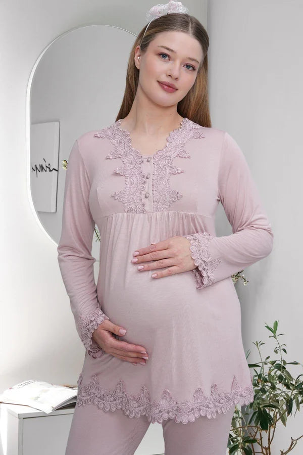 Dantel Kol Önden Düğmeli Lohusa Hamile Pijama Takımı Gül Kurusu- 1501