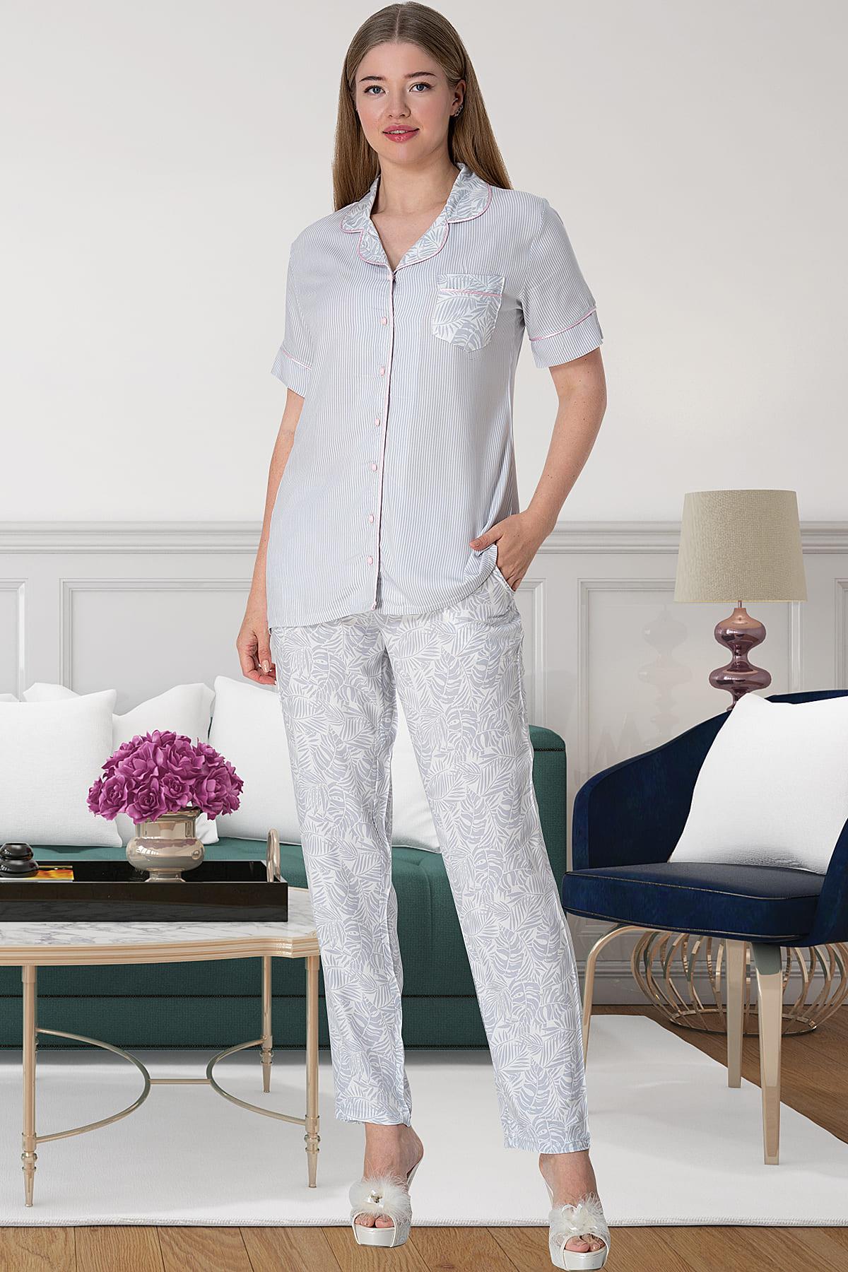 Cep Detaylı Dikey Çizgili Kısa Kollu Pijama Takımı Pembe- 5144