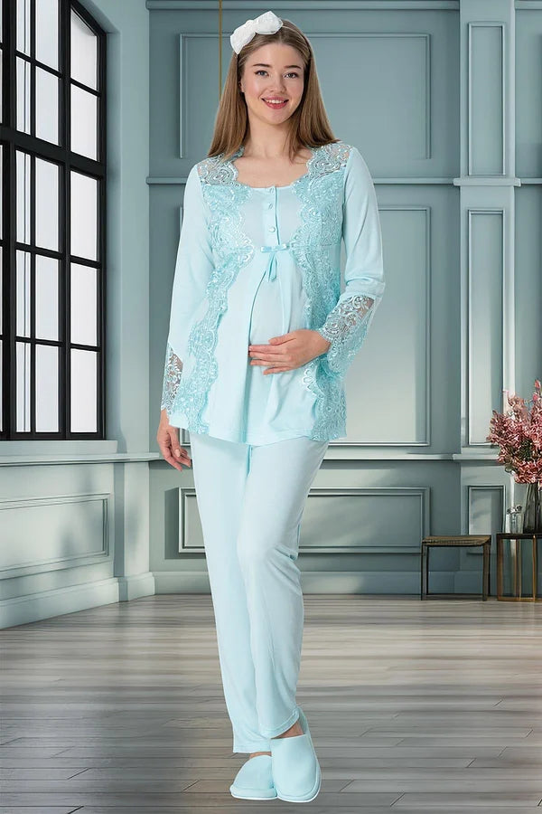Önden Düğmeli Dantelli Sabahlıklı Lohusa Hamile Gecelikli Pijama Takım 4'lü Set Turkuaz - 5355