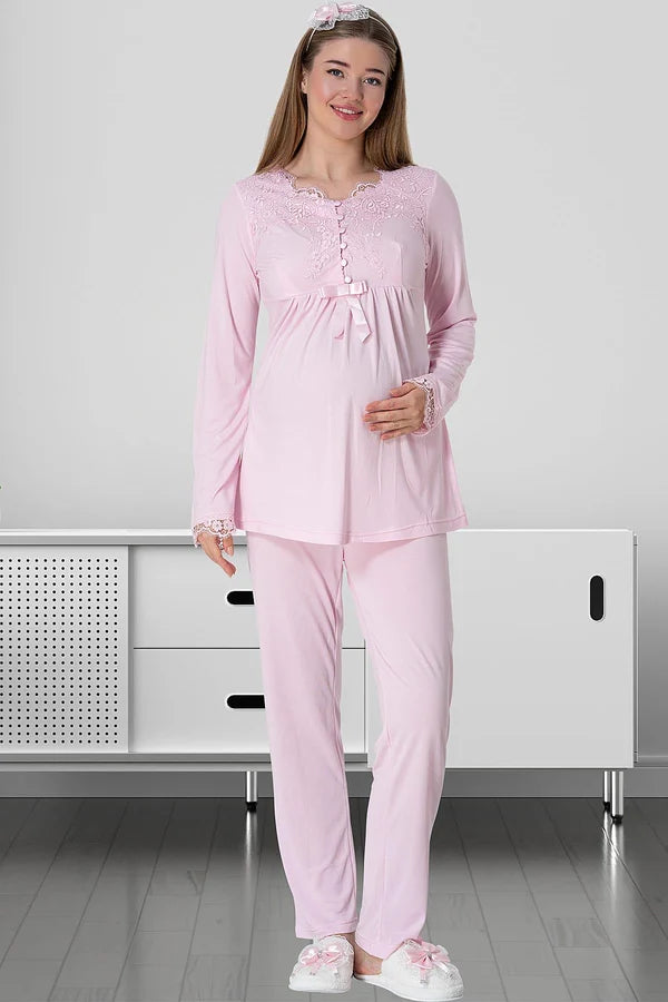 Önden Düğmeli Lohusa Hamile Pijama Takımı Pembe - 5414