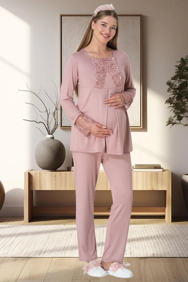 Önden bağlamalı Peluş Sabahlıklı Lohusa Hamile Pijama Takımı Pudra - 5911