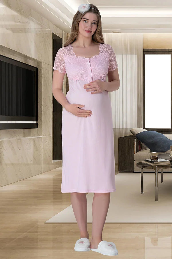 Önden Düğmeli Sabahlıklı Hamile Lohusa Gecelik Takım Pembe - 6005