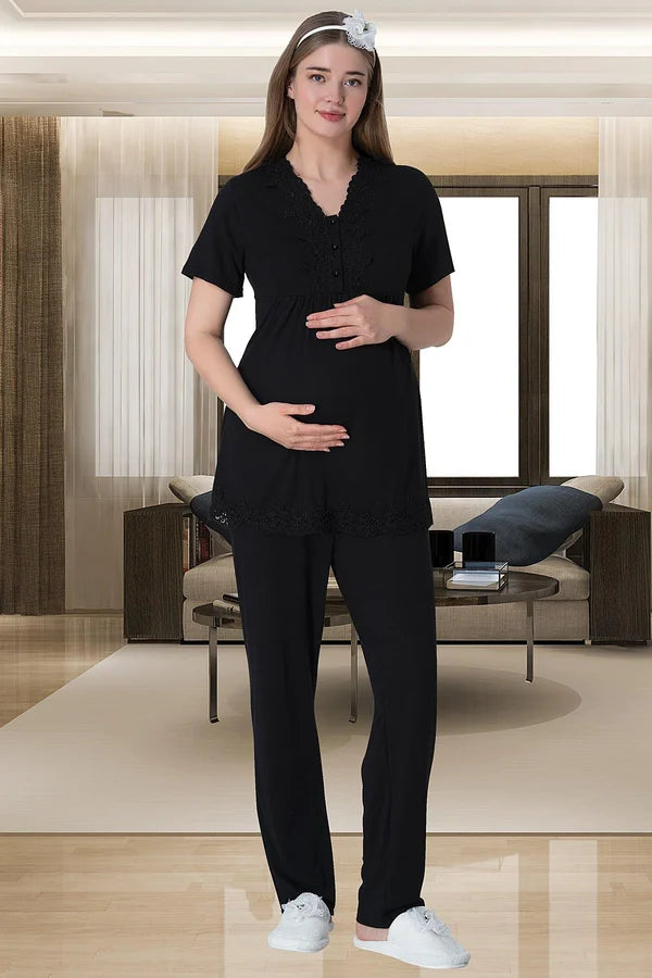 Önden Düğmeli Hamile Lohusa Pijama Takımı Siyah - 6008