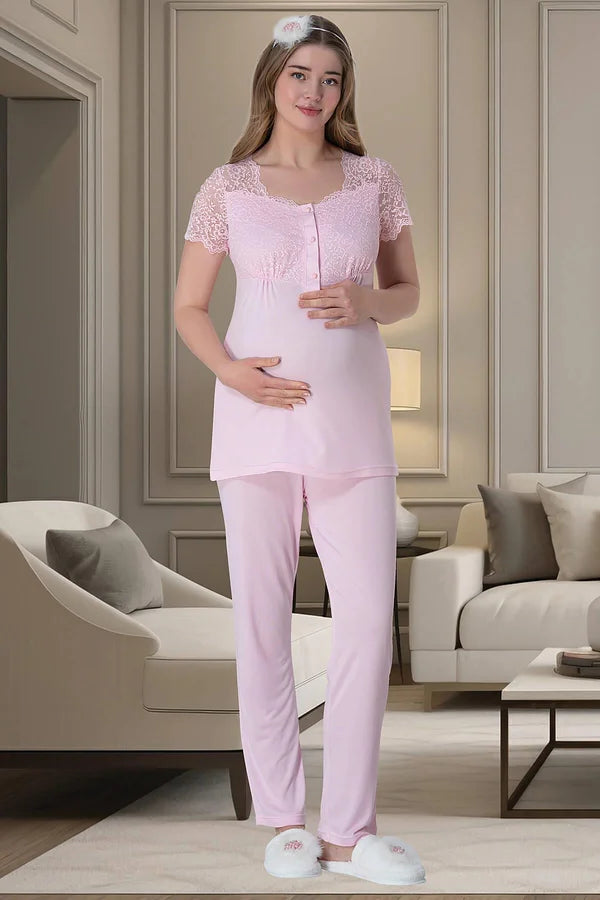 Önden Düğmeli Hamile Lohusa Pijama Takımı Pembe - 6009