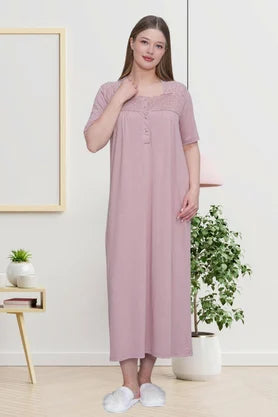 Önden Düğmeli Midi Boy Büyük Boy Lohusa Hamile Gecelik Gül Kurusu - 6049