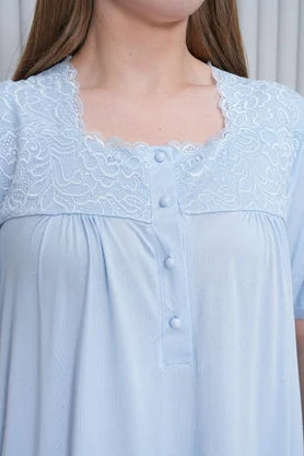 Önden Düğmeli Midi Boy Büyük Boy Lohusa Hamile Gecelik Mavi - 6049