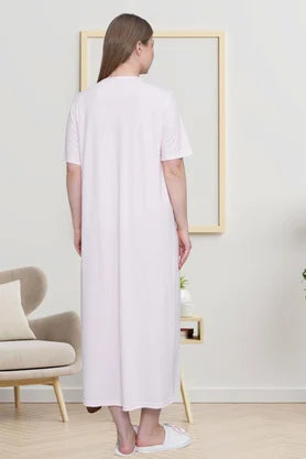 Önden Düğmeli Midi Boy Büyük Boy Lohusa Hamile Gecelik Pudra - 6049
