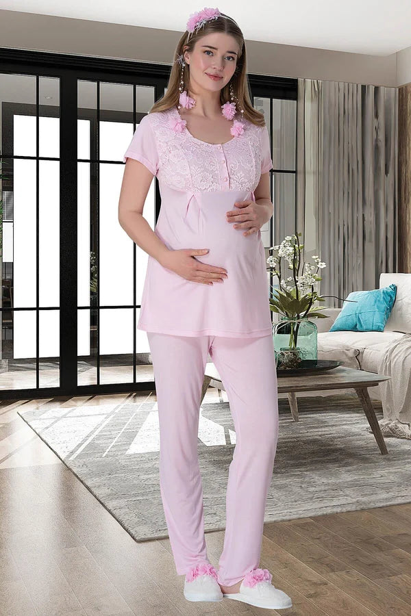 Çiçekli Güpürlü Sabahlıklı Hamile Lohusa Gecelikli Pijama Takımı 4'Lü Set Pembe - 6060