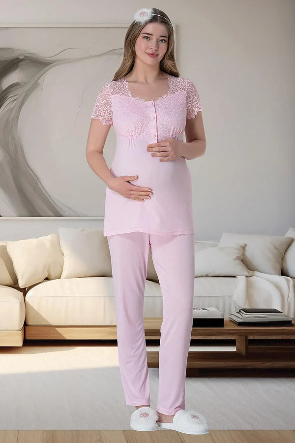 Çizgili Sabahlıklı Hamile Lohusa Gecelikli Pijama Takımı 4'Lü Set Pembe - 6063