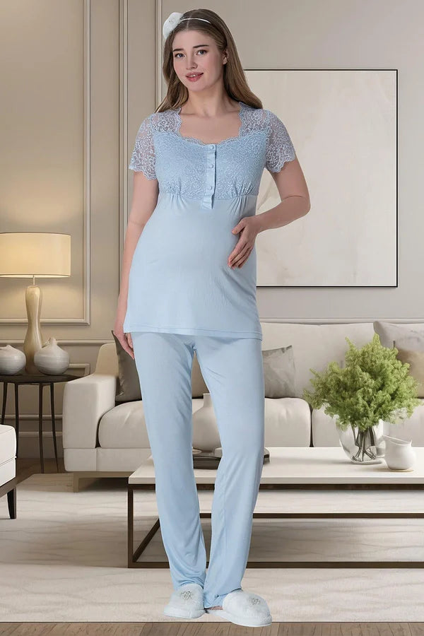 Önden Düğmeli Sabahlıklı Hamile Lohusa Gecelikli Pijama Takımı 4'Lü Set Mavi - 6065