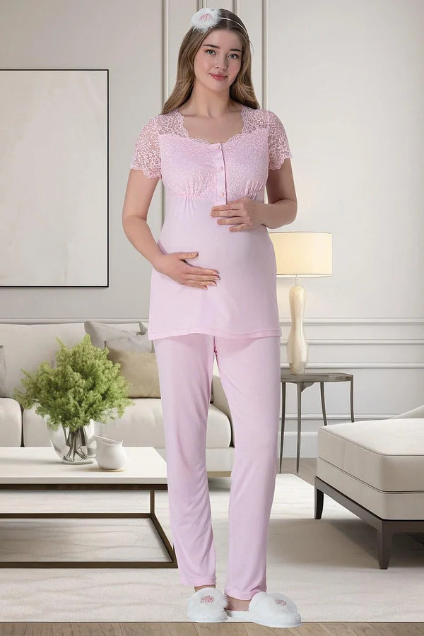 Önden Düğmeli Sabahlıklı Hamile Lohusa Gecelikli Pijama Takımı 4'Lü Set Pembe - 6065