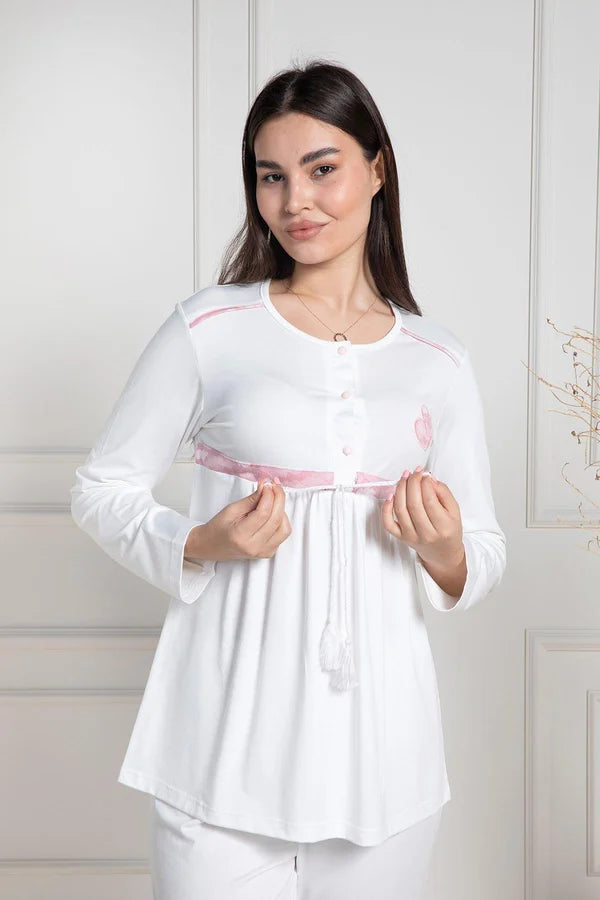 Önden Düğmeli Hamile Lohusa Sabahlıklı Şardonlu Pijama Takımı Pembe - 6100