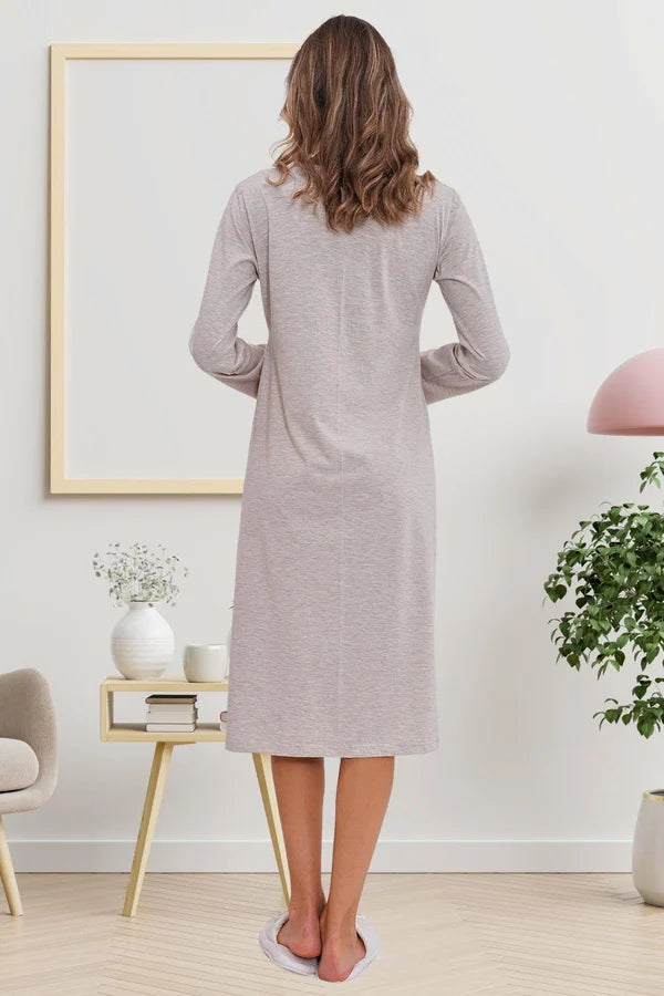 Dantel Kol Önden Düğmeli Hamile Lohusa Gecelik Vizon - 6103