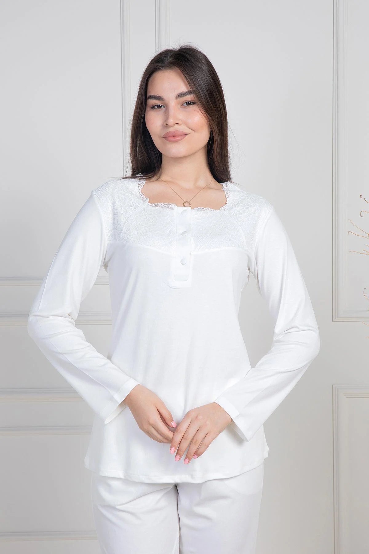 Dantelli Boydan Düğmeli Pijama Takımı Ekru - 6105