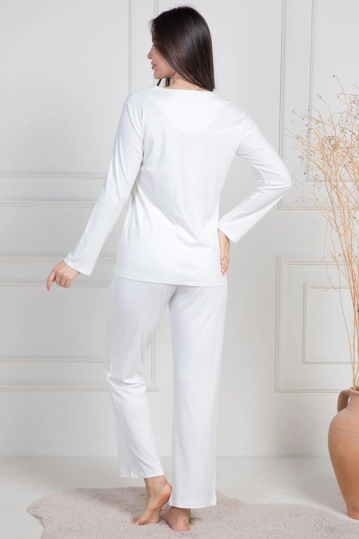 Dantelli Boydan Düğmeli Pijama Takımı Ekru - 6105