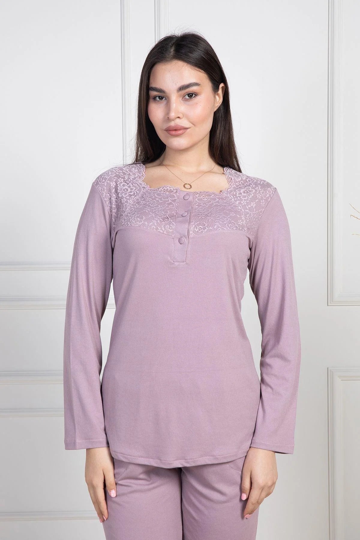 Dantel Desenli Önden Düğmeli Uzun Kollu Pijama Takımı Gül Kurusu - 6104