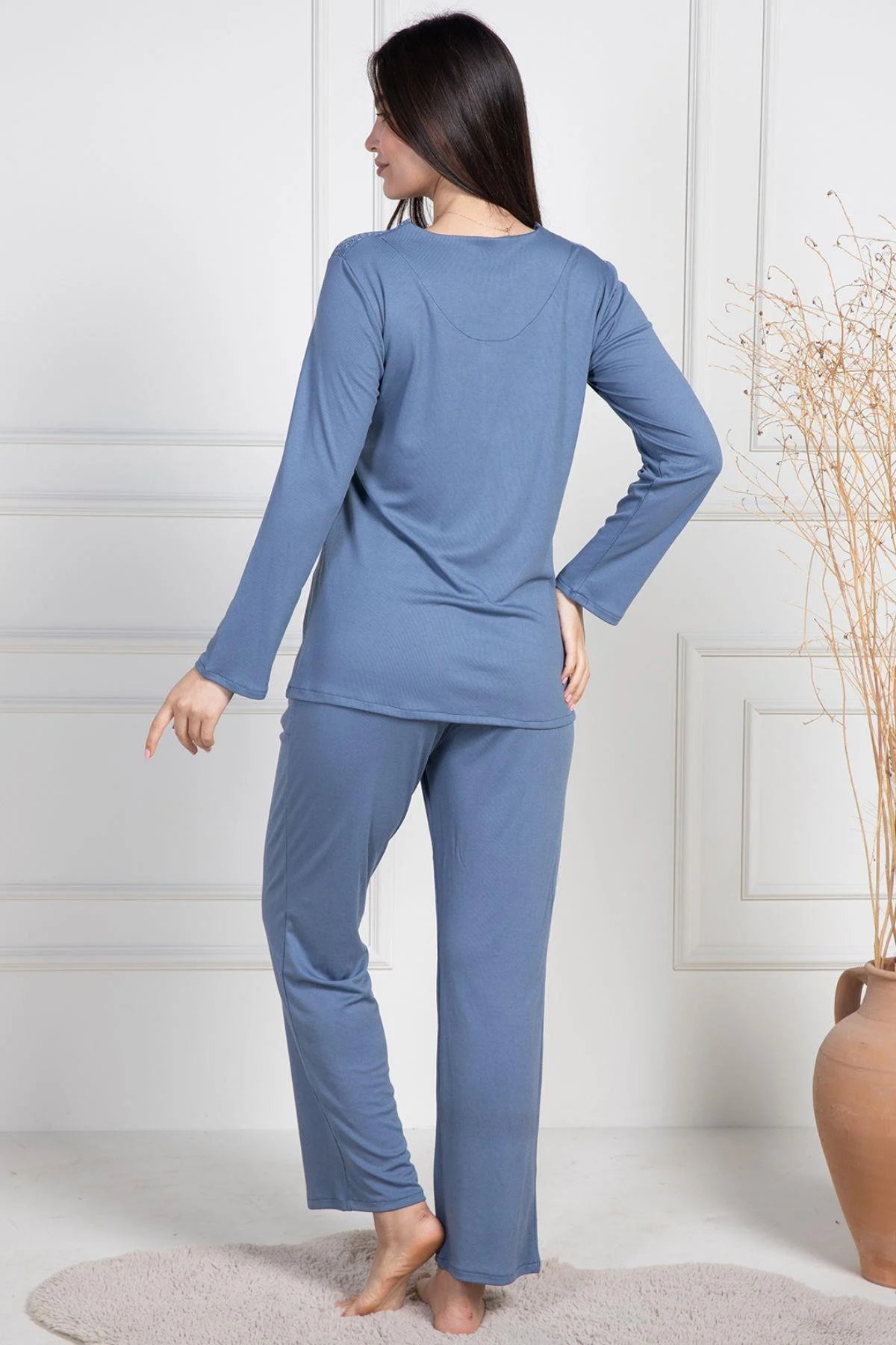 Dantel Desenli Önden Düğmeli Uzun Kollu Pijama Takımı İndigo - 6104