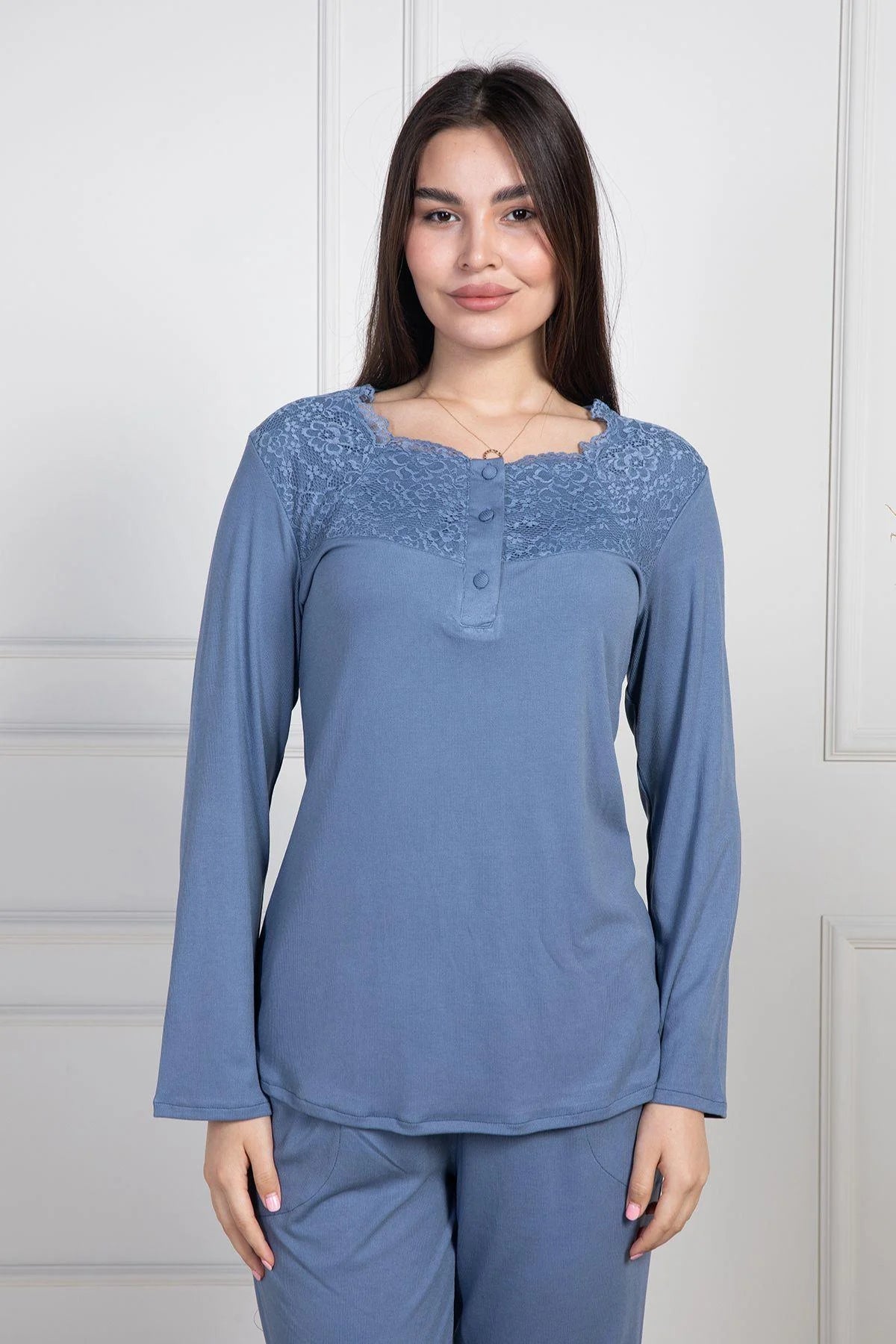 Dantel Desenli Önden Düğmeli Uzun Kollu Pijama Takımı İndigo - 6104