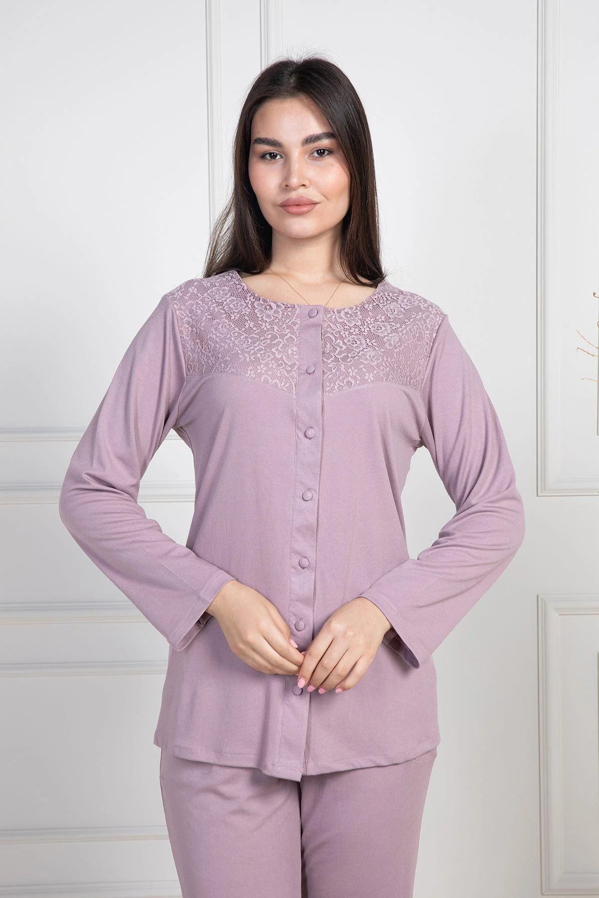 Dantelli Boydan Düğmeli Uzun Kollu Pijama Takımı Gül Kurusu- 6105