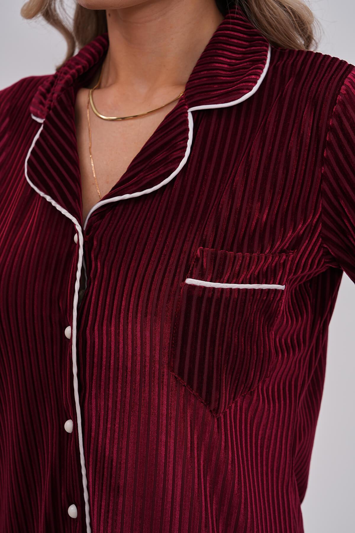 Boydan Düğmeli Cep Detaylı Kadife Pijama Takımı Bordo - 6120