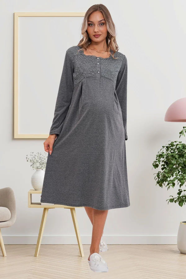 Dantel Kol Önden Düğmeli Sabahlıklı Lohusa Hamile Gecelik Takımı Füme - 6171