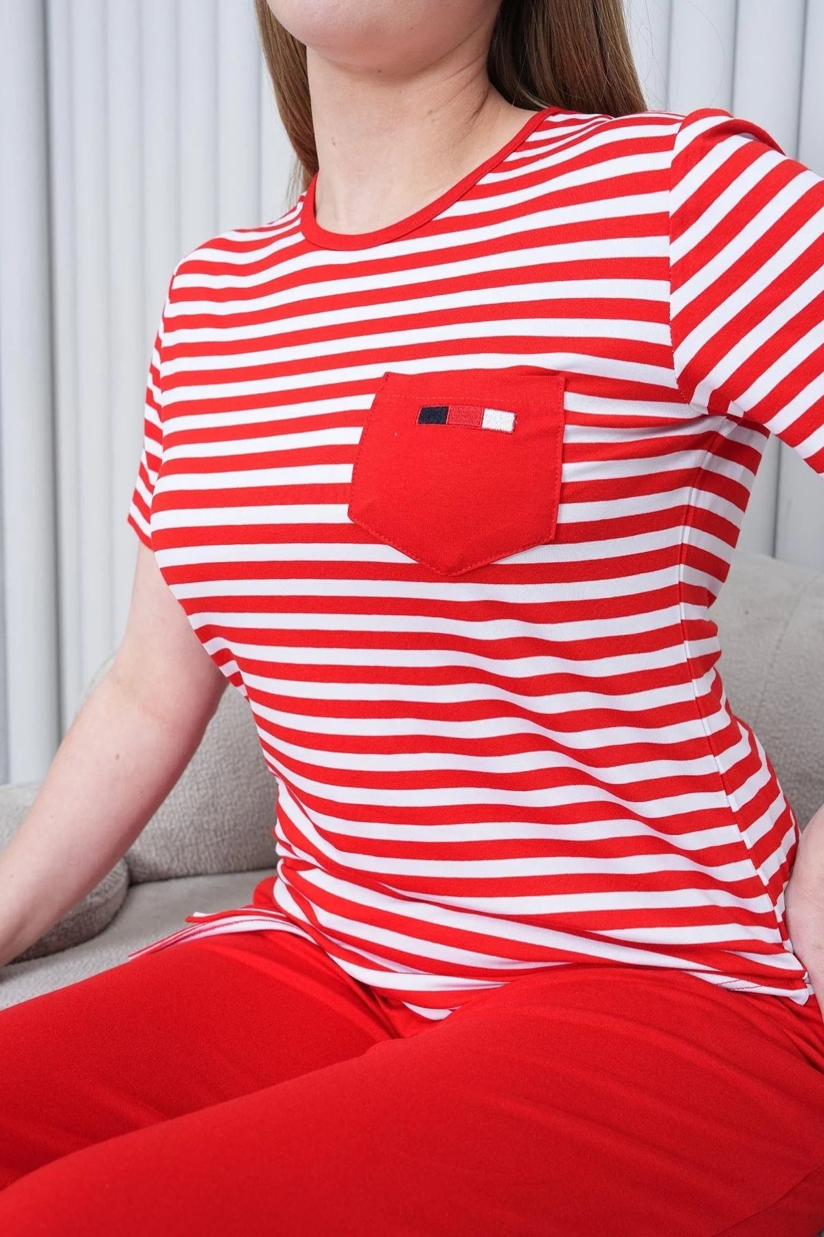Yatay Çizgili Kısa Kollu Cep Detaylı Pijama Takımı Kırmızı- 6202