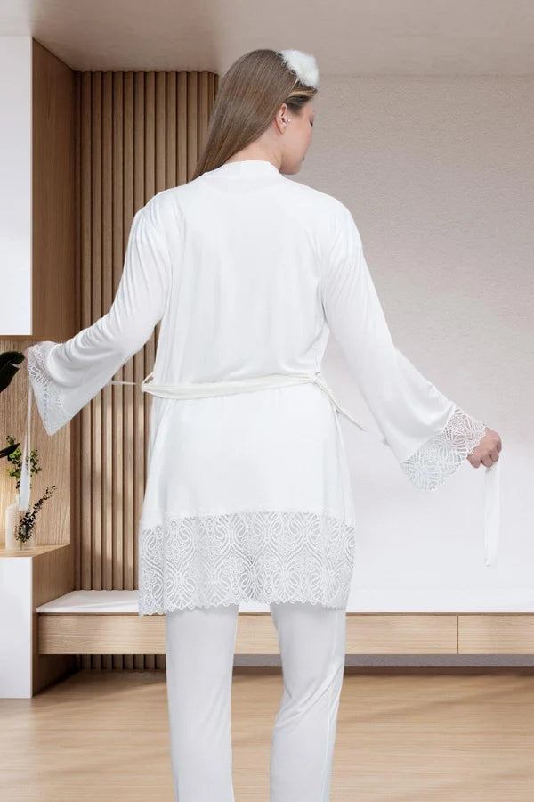 Dantel Kol Bağlamalı Sabahlıklı Lohusa Hamile Pijama Takımı Ekru - 6203