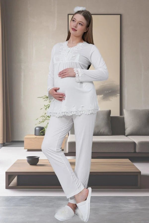 Dantel Kol Önden Düğmeli Lohusa Hamile Pijama Takımı Ekru - 1501