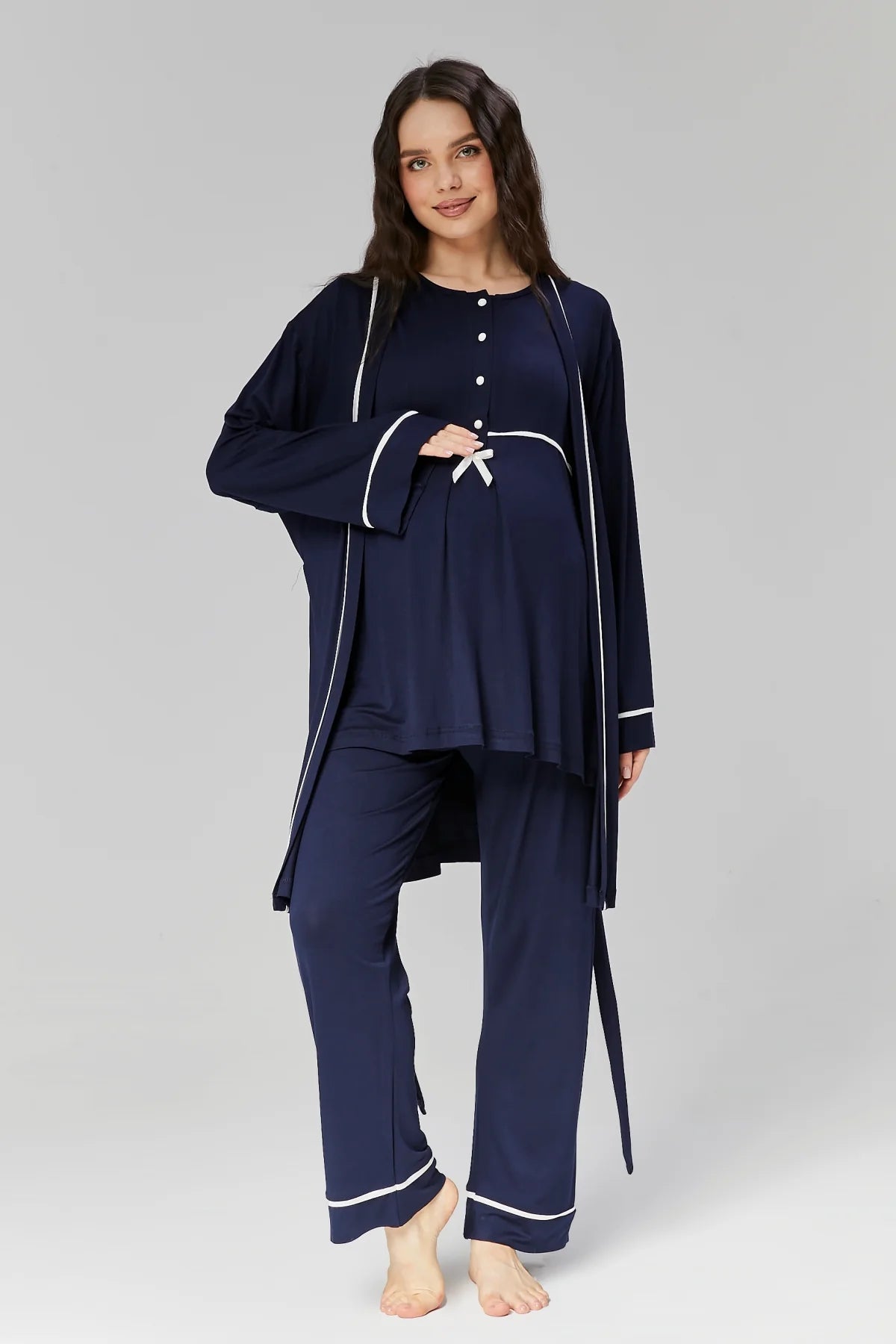 Biyeli Önden Düğmeli Sabahlıklı Lohusa Hamile Pijama Takımı Lacivert - 509