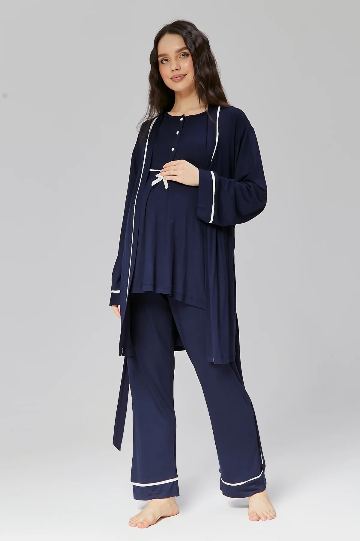 Biyeli Önden Düğmeli Sabahlıklı Lohusa Hamile Pijama Takımı Lacivert - 509