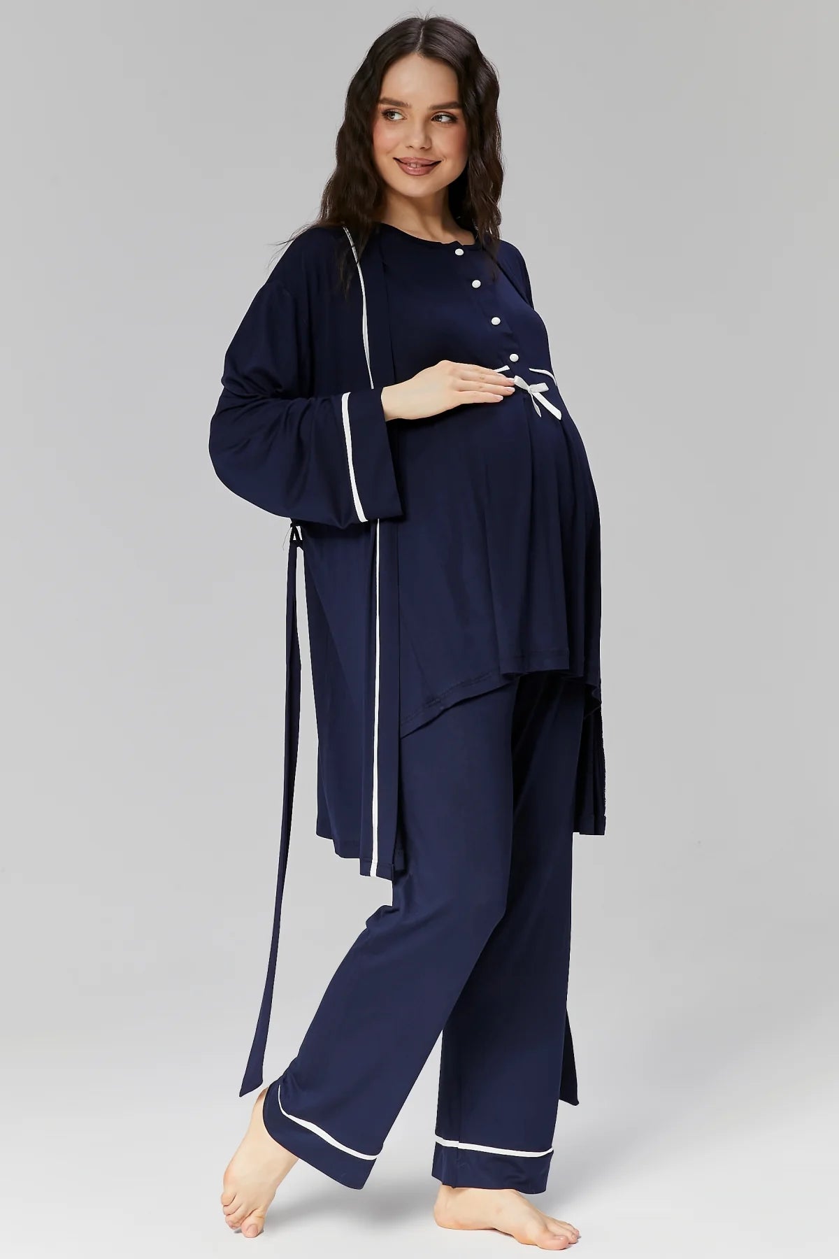 Biyeli Önden Düğmeli Sabahlıklı Lohusa Hamile Pijama Takımı Lacivert - 509