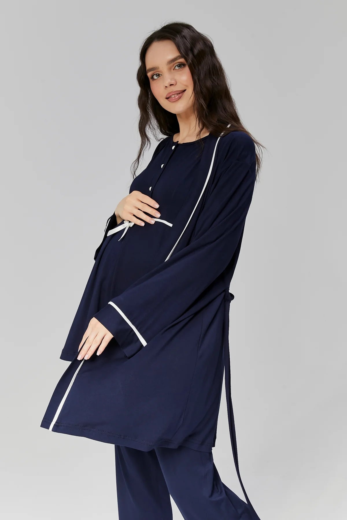 Biyeli Önden Düğmeli Sabahlıklı Lohusa Hamile Pijama Takımı Lacivert - 509