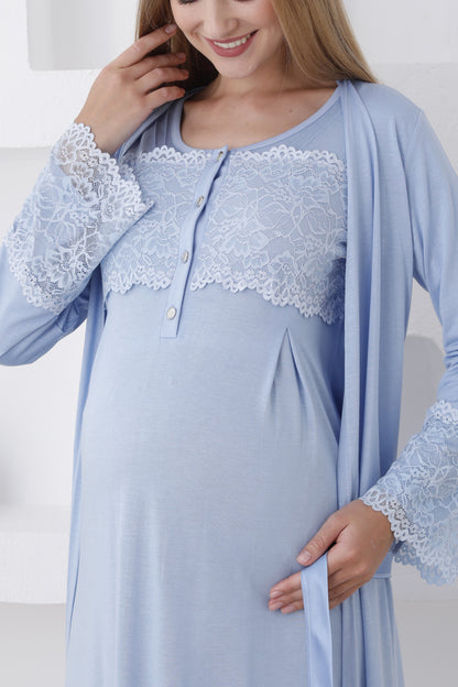Dantelli Kol Sabahlıklı Lohusa Gecelik Takımı - 2283