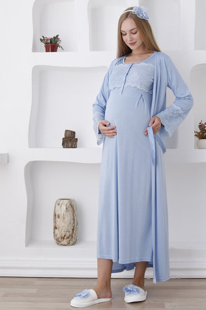 Dantelli Kol Sabahlıklı Lohusa Gecelik Takımı - 2283