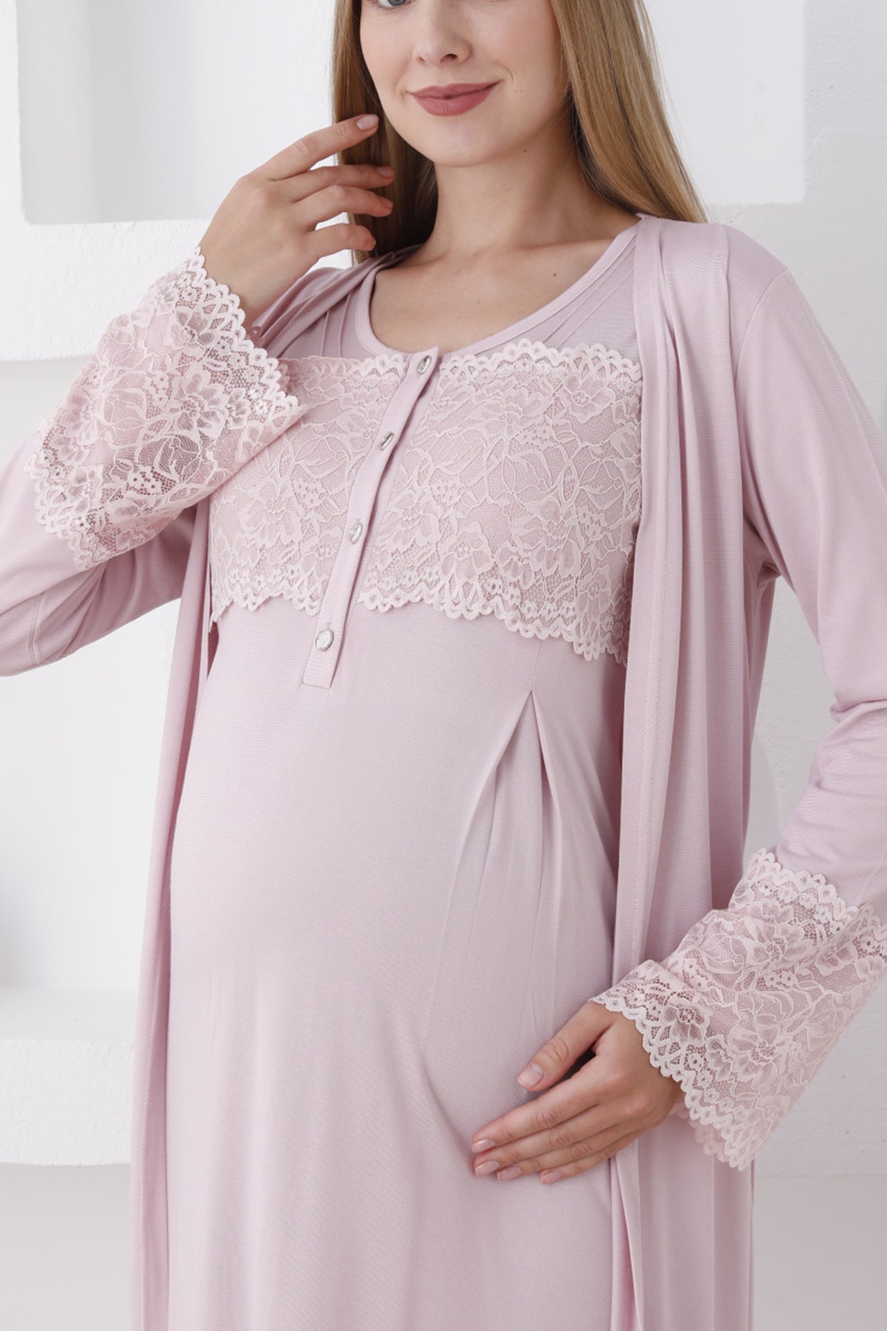 Dantelli Kol Sabahlıklı Lohusa Gecelik Takımı - 2283