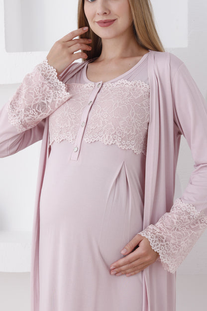 Dantelli Kol Sabahlıklı Lohusa Gecelik Takımı - 2283