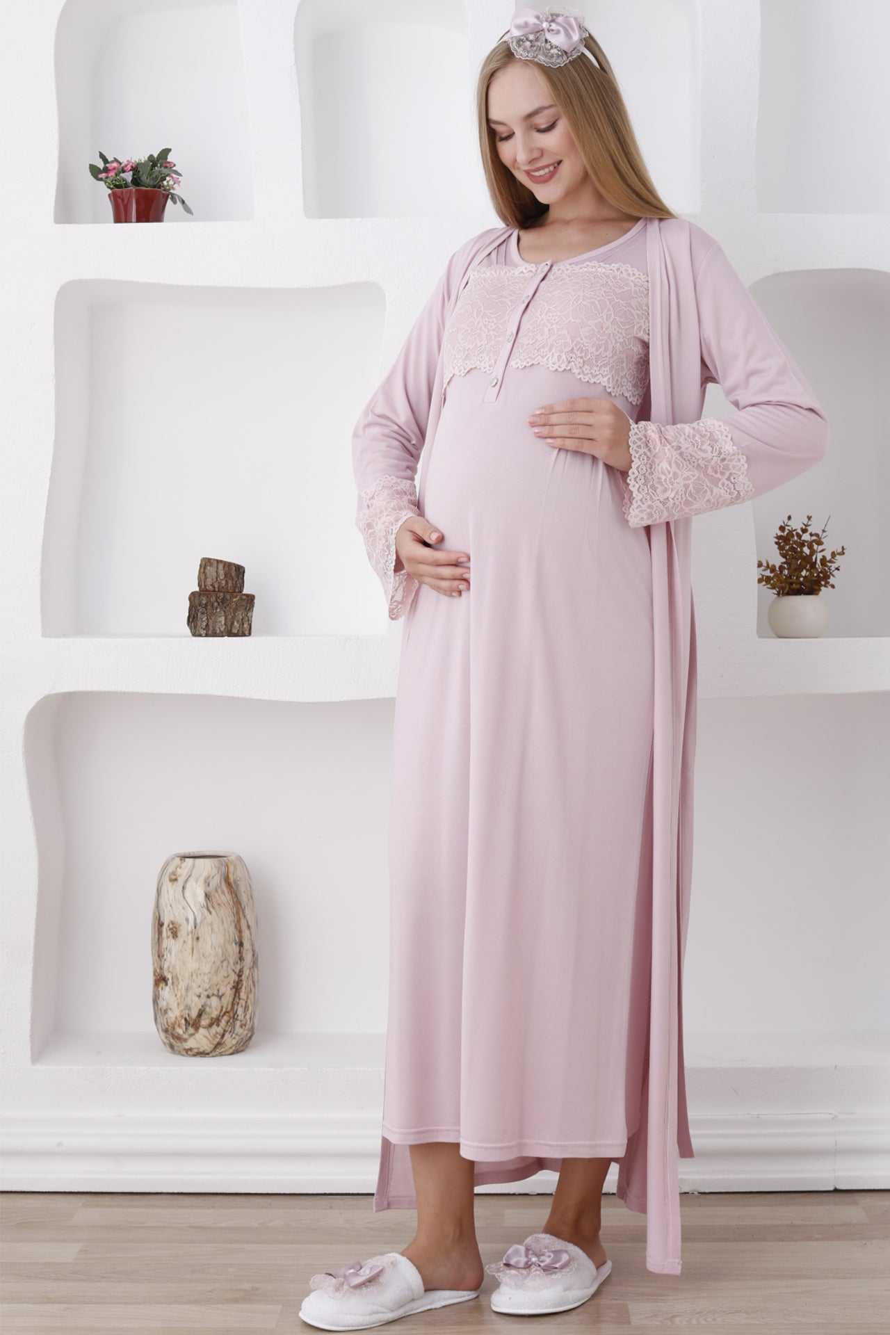 Dantelli Kol Sabahlıklı Lohusa Gecelik Takımı - 2283