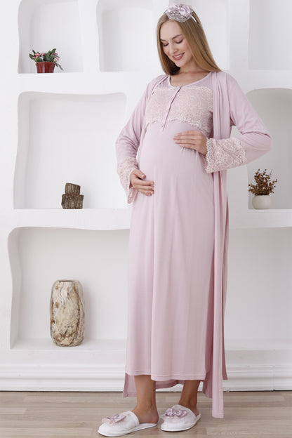 Dantelli Kol Sabahlıklı Lohusa Gecelik Takımı - 2283